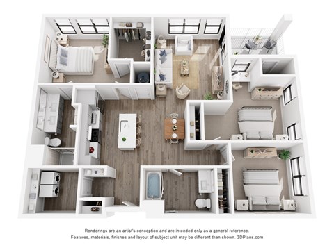 Rendering of the Mt Blue Sky three-bedroom, two-bathroom apartment at Velo Interlocken in Broomfield, CO